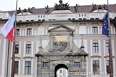 Prague, Czech Republic, January 2015. Former royal and now presidential palace and flags of the Czech Republic and the European Un Editorial Stock Photo