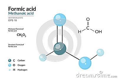 Formic Acid. Methanoic Acid. Structural Chemical Formula and 3d Model of Molecule. CH2O2. Atoms with Color Coding. Vector Graphic Vector Illustration