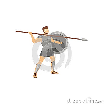 Formidable centurion with menacing look in steel armor going to throw spear isolated on white background Vector Illustration