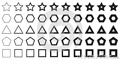 Forms set from thin to thick line, set of geometric shapes form, figure elements, frames and borders, star triangle square Vector Illustration
