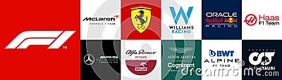 Formula 1 Championship logo: Ferrari, Mercedes, Red bull, Alfa romeo, Williams, Aston martin, Mclaren, Alpine, Alphatauri, Haas, Vector Illustration