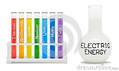 Formula of electricity. Concept with colored flasks. Stock Photo