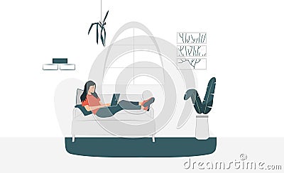 The girl works at the computer, sitting on a bag with beans epidemic Vector Illustration