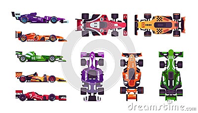 Formula race cars. Cartoon fast automobiles. Top and side view of colorful vehicles for sport championships. Toys for Vector Illustration