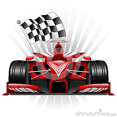 Formula 1 Red Race Car with Checkered Flag Vector Illustration Vector Illustration