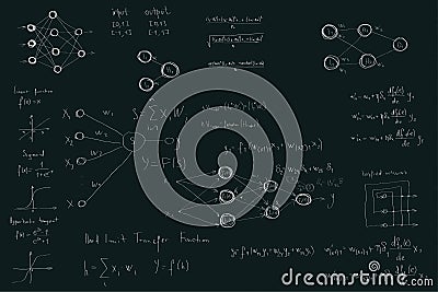 Formulas and diagrams computer science and data science, neural network diagrams and calculation formulas Vector Illustration