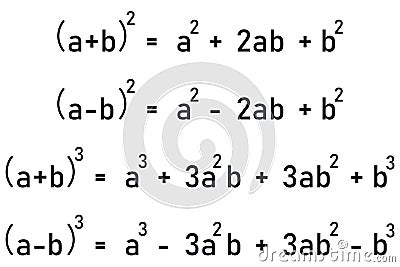 Formulas for the second and third powers of binomials Vector Illustration