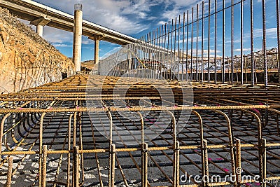 Formwork and ironwork in the construction of a highway bridge Stock Photo