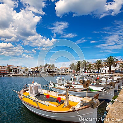 Fornells Port in Menorca marina boats Balearic islands Stock Photo