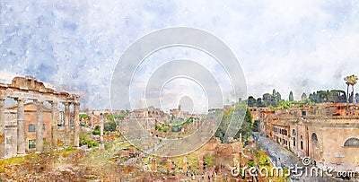 Foro Romano in summer, Rome Cartoon Illustration