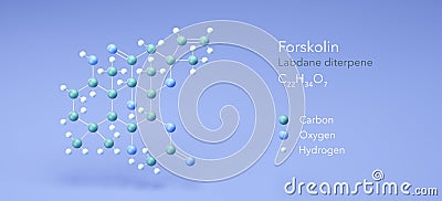 forskolin molecule, molecular structures, labdane diterpene, 3d model, Structural Chemical Formula and Atoms with Color Coding Stock Photo