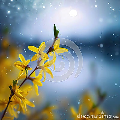 Forsythia blooms in a vibrant display of yellow amidst the rain Stock Photo