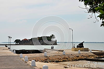 Wharf jetty with antique canons for Hammenhiel Resort Fort island hotel Jaffna Peninsula Sri Lanka Editorial Stock Photo