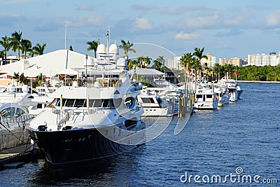 Fort Lauderdale, Florida, U.S - November 18, 2018 - A luxury boat docked by the bay Editorial Stock Photo