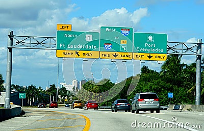 Fort Lauderdale, Florida, U.S - November 18, 2018 - Road signs on the highway to Route 1 North to Fort Lauderdale, Interstate 95 Editorial Stock Photo