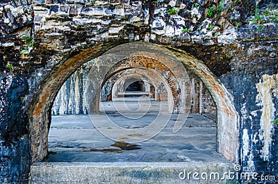 Fort Pickens structure located near Pensacola, Florida, USA. Beautiful weathered brick arches. Stock Photo