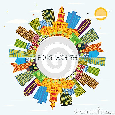 Fort Worth Texas City Skyline with Color Buildings, Blue Sky and Copy Space. Stock Photo