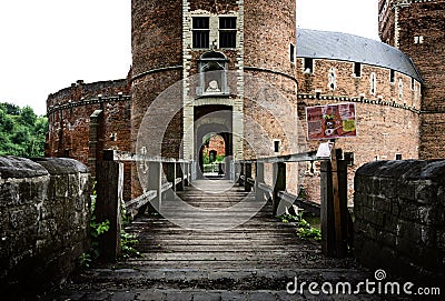 fortified castle drawbridge . Castle of beersel in belgium. Amazing historic place almost choosed to record game of throne Editorial Stock Photo