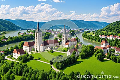 The Fortified Stone Church is beside the river. Stock Photo