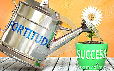 Fortitude helps achieving success - pictured as word Fortitude on a watering can to symbolize that Fortitude makes success grow Cartoon Illustration