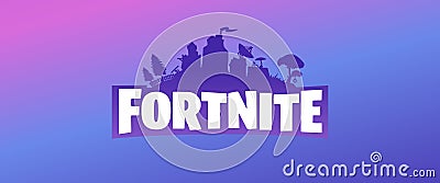 Fortnite purple vector logo banner on violet blue and pink gradient background. Editorial Stock Photo