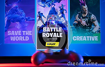 Fortnite season 4 runs on TV with Playstation 4 controller - Selective Focus Editorial Stock Photo