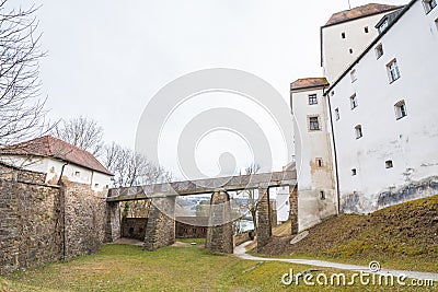 Fortress Feste Oberhaus in the three rivers city Passau with medieval castle courtyard view architecture walls towers buildings an Stock Photo