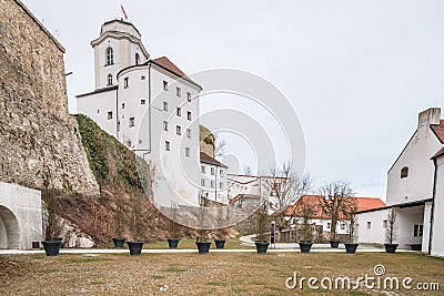 Fortress Feste Oberhaus in the three rivers city Passau with medieval castle courtyard view architecture walls towers buildings an Stock Photo