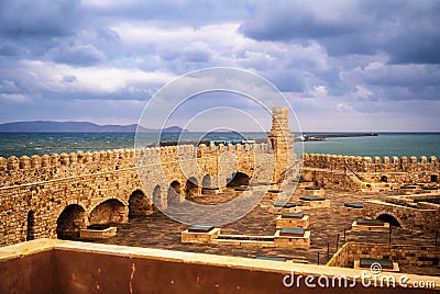 Fortress Koules Rocca al Mare, upper courtyard, gate, tower and fortifications, Heraklion, Crete Stock Photo