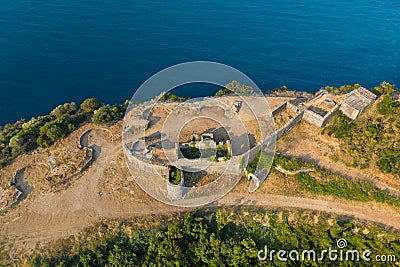 Fortress Mogren in Budva. Montenegro. View of the ruins of the Mogren fort from above. Aerial photography Stock Photo