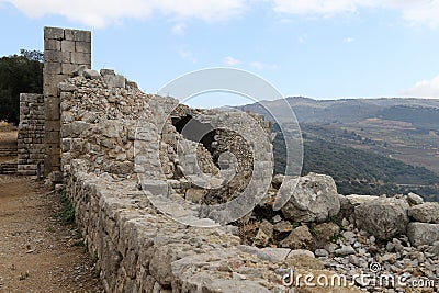 Ruins of the medieval fortress Nimrod Mivtzar Nimrod located in the northern Golan Heights in Israel. Stock Photo