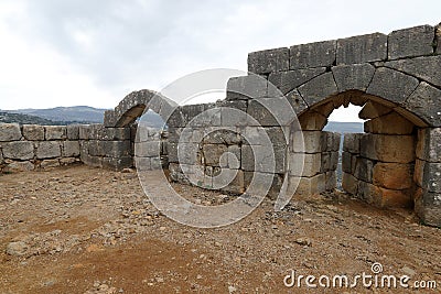 Ruins of the medieval fortress Nimrod Mivtzar Nimrod located in the northern Golan Heights in Israel. Stock Photo