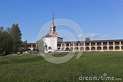 Fortress wall of the New Town and the Kazan tower in Kirillo-Belozersky Monastery Editorial Stock Photo
