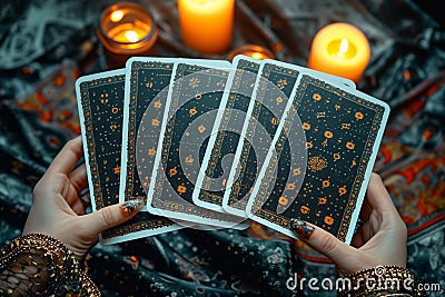 Fortune revealed Tarot reader sets the stage with cards and candlelight Stock Photo