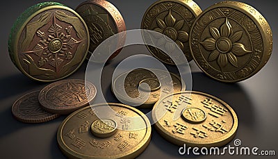 Fortune's Charms: Close-Up of Traditional Chinese Lucky Coins Stock Photo