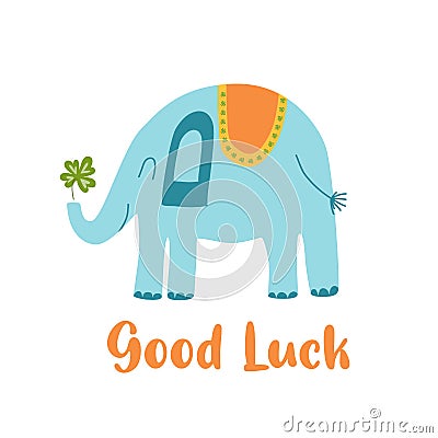 Fortune symbol Good luck baby elephant with clover leaf, flower, decorative lucky element isolated Cartoon Illustration