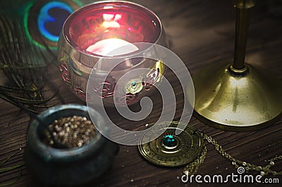 Magic table. Paranormal desk. Witchcraft. Stock Photo