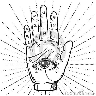 Fortune Teller Hand with Palmistry diagram, handdrawn all seeing Vector Illustration