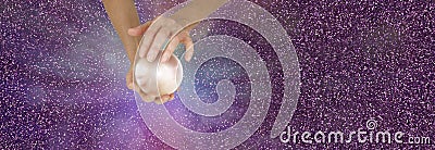 Fortune Teller holding crystal ball on sparkling banner Stock Photo