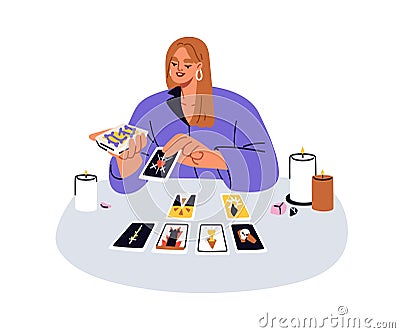 Fortune teller laying tarot cards spread. Taro reader telling future, prediction. Fortuneteller, esoteric divination Vector Illustration