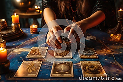 Fortune teller reads tarot cards. Generative AI Stock Photo