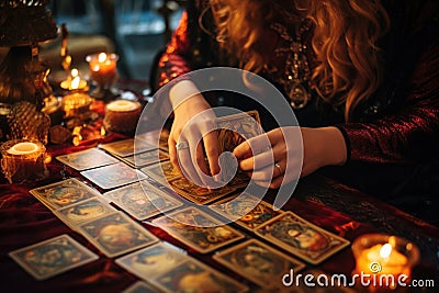 Fortune teller reads tarot cards. Generative AI Stock Photo