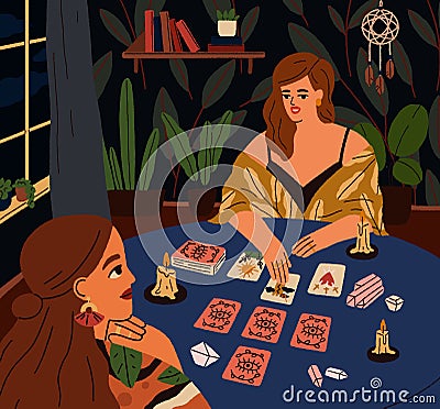 Fortune teller telling predicting future with tarot cards deck. Fortuneteller, taro reader and woman client during Vector Illustration