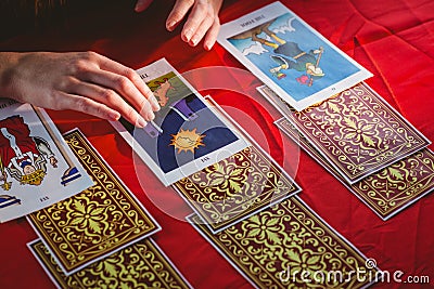 Fortune teller using tarot cards Stock Photo