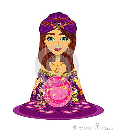 Fortune teller woman reading future on magical crystal ball Vector Illustration