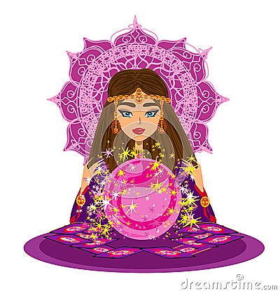 Fortune Teller Woman reads the future from the crystal ball Vector Illustration