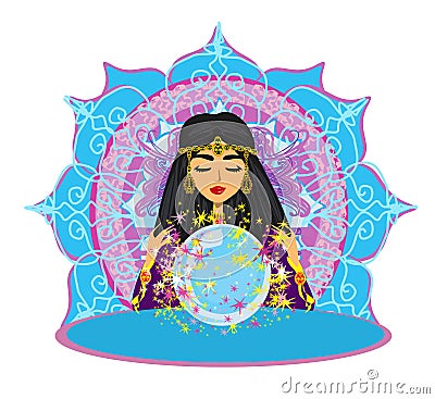 Fortune Teller Woman reads the future from the crystal ball Vector Illustration