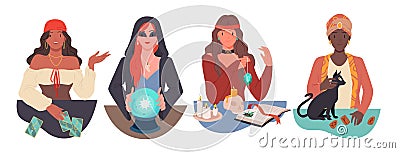 Fortune tellers predict future set, clairvoyant telling destiny in crystal ball, tarot Vector Illustration