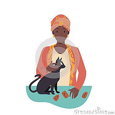 Fortune tellers prediction, clairvoyant sitting with black cat and runes to predict fate Vector Illustration