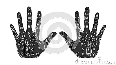 Fortune telling by hand and the lines of fate, palmistry, prediction and divination. Black palms with the signs of the planets. Stock Photo